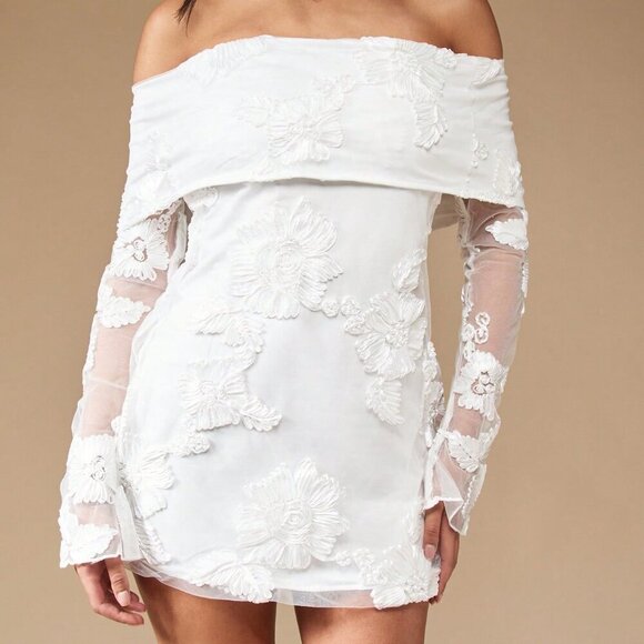White Elegant Womens Embroidered Off Shoulder Long Sleeve Mini Bardot Dress - Picture 7 of 7
